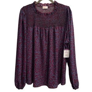 Hailey & Co Size 2X Maroon and Blue Floral Smocked Peasant Blouse Size 2X NWT